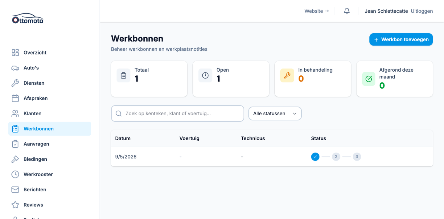 Ottomoto digitale werkbon met klantgegevens, voertuig, taken, status per fase en toegewezen technieker.