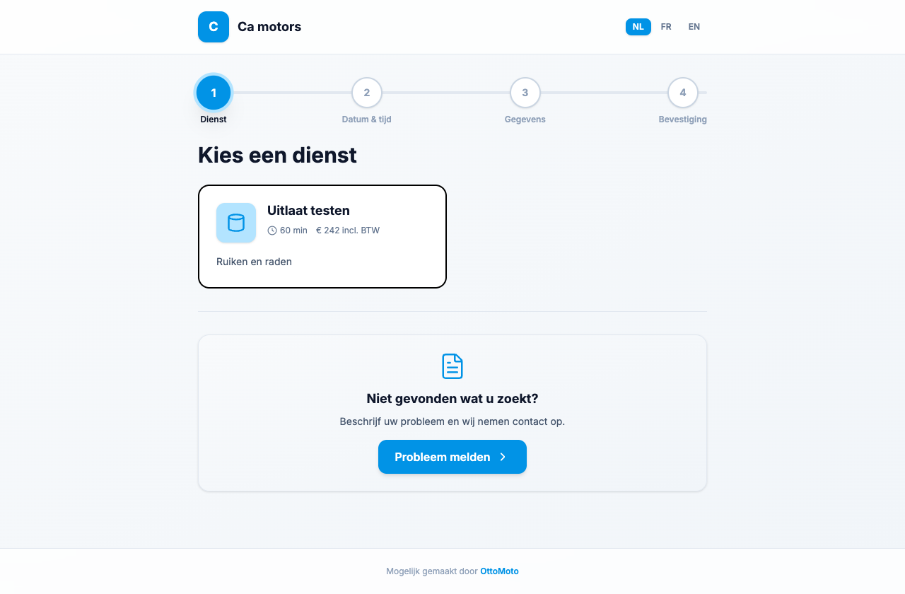 Publieke Ottomoto boekingspagina zoals een klant ze ziet: dienst kiezen als eerste stap, voortgangsbalk met stappen datum, gegevens en bevestiging, taalknoppen NL FR EN en powered by Ottomoto onderaan.