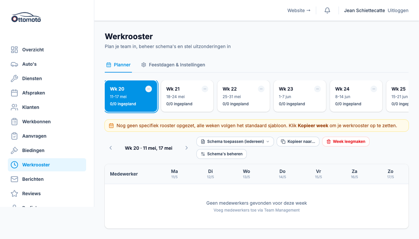 Ottomoto werkplaatsplanning met weekkalender, taken per technieker en duidelijke kleurcodes per type interventie.